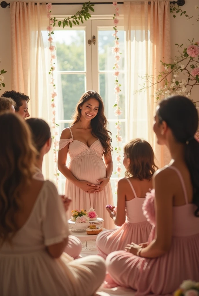 Decorated party for a pregnant woman well dressed in a pink dress
