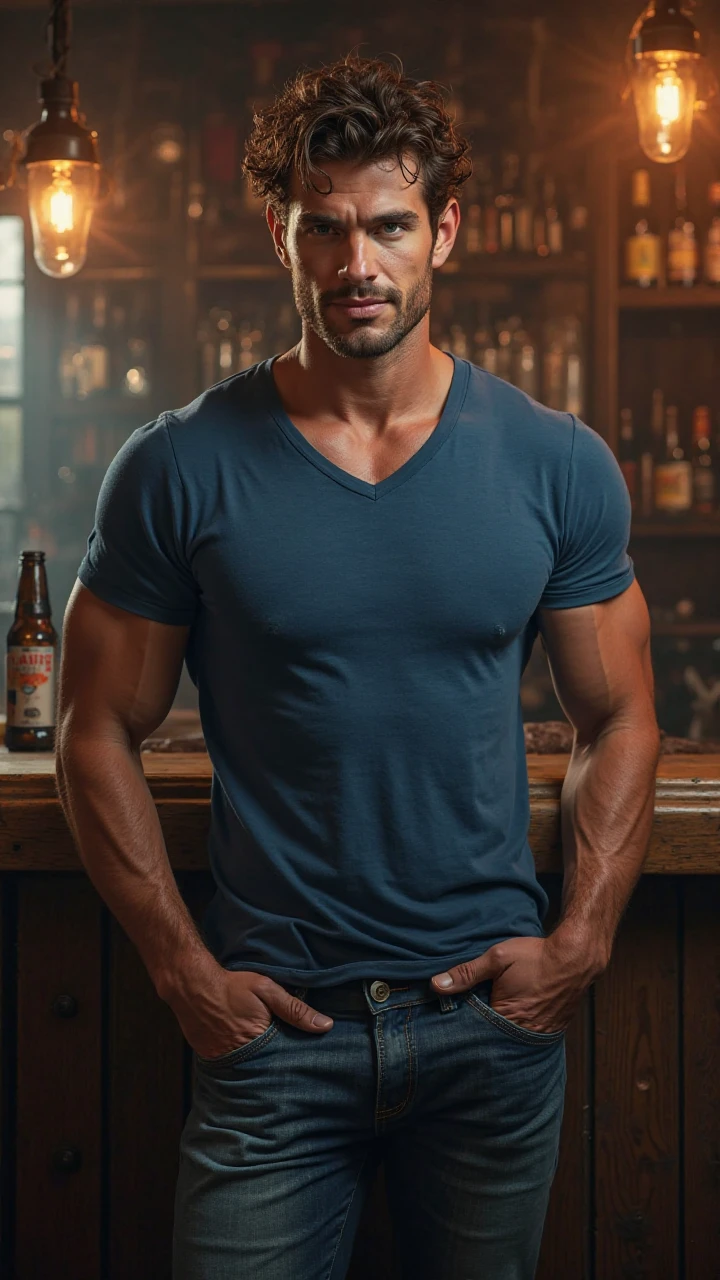 (highres,realistic:1.37),portrait,60-year-old white man,disgusting,chubby muscular,kind,buttoned-up shirt,pants,stylish beard,bartender