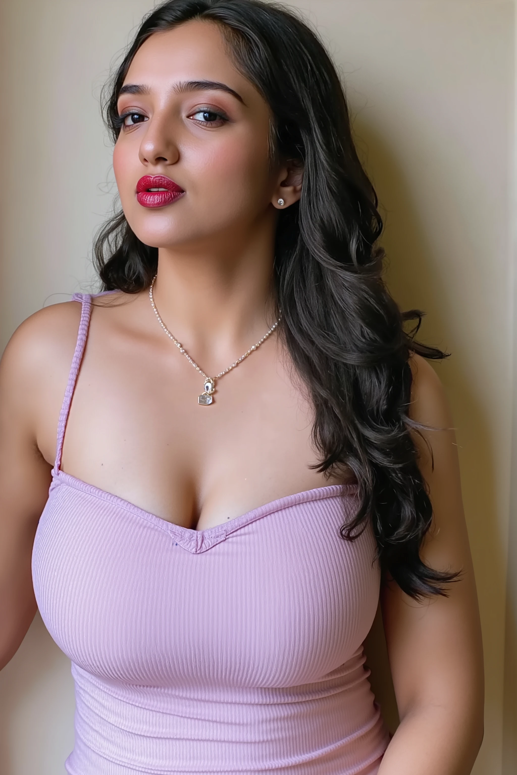 (masterpiece, best quality:1.2), 1girl, solo, Slipdress,1girl, bare shoulders, breasts, brown hair, camisole, cleavage, collarbone, jewelry, large breasts, lips, lipstick