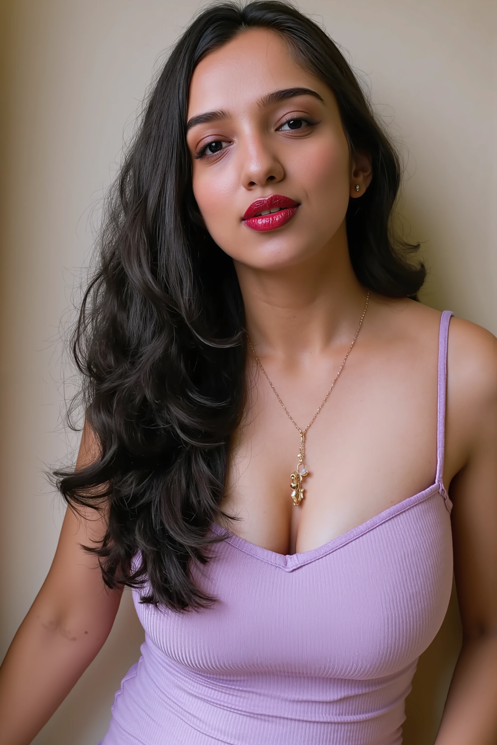 (masterpiece, best quality:1.2), 1girl, solo, Slipdress,1girl, bare shoulders, breasts, brown hair, camisole, cleavage, collarbone, jewelry, large breasts, lips, lipstick
