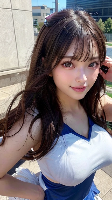 (((premium、8k、(of the_heads:1.2), realistic photography:1.4、Masterpiece)))、Rear lighting、Highly detailed female facial texture、18 years、(((blue cheerleader:1.2)))、((stadium background:1.2))、raise both arms、a smile、Cabello rubio brillante y peinado de short hair、The blonde。short hair。Split sleeves, hombros desnuof the, Apertura central, neodium breasts, Central chest,crouching cowgirl、bow ribbon。double tails。Kneel down to meet the audience, exposed skin, (from below),with brown eyes, (brown updo hairstyle:1.2), (Light hair), smile with white teeth, (photorealestic:1.4), (Superior image quality:1.0), (ultra high resolution:1.0), 8k, raw photography, (Una Masterpiece:0.2), (sweat, wet:1.1), Porar, shallow focus, whole body,(pureerosface_v1:0.5)