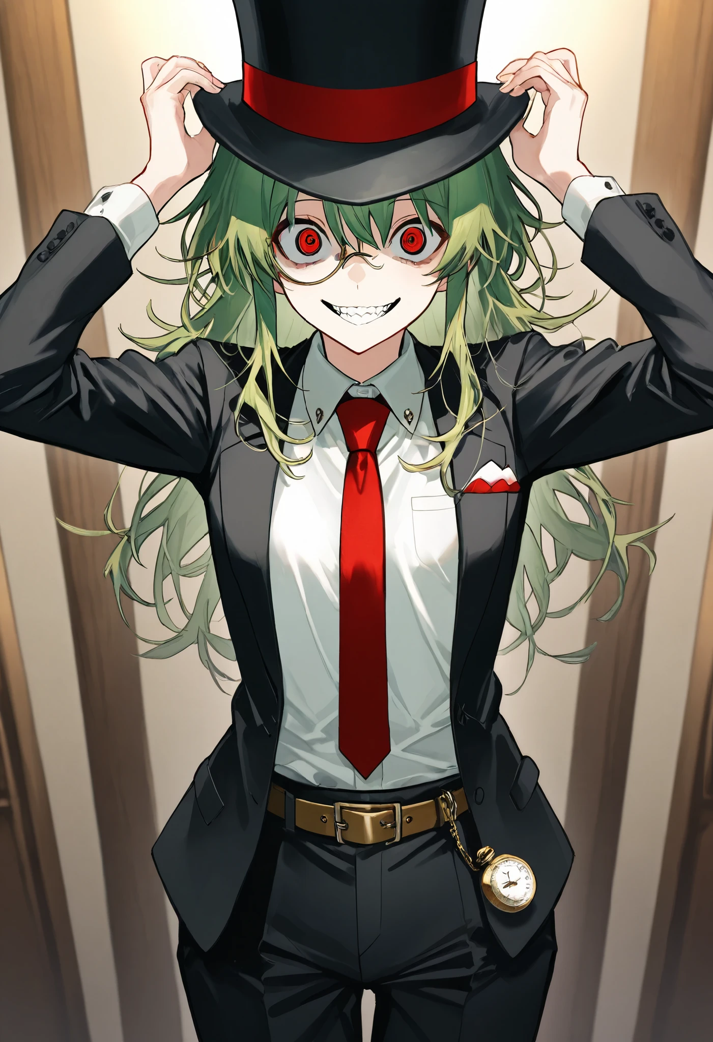 （（（masterpiece、Highest Image Quality、best quality、VERY DETAILED UNITY 8ｋwallpaper、high resolution illustration）））、（（Illustration of a person、crossdressing））、Cowboy Shots、black silk hatをかぶったスーツ姿の美少女、emerald green hair、messy hair、sidelocks、red eyes、crazy eyes、crazy smile、（monocle）、 pocket watch、（（（black silk hat：1.3、black suit、white shirt、belt）））、 hotel guest room
