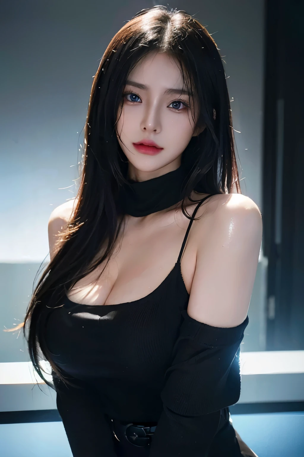 超A high resolution,masutepiece,Best Quality, ,perfect glossy shiny skins,Perfect Lighting,Detailed Lighting,Dramatic shadows,Ray tracing, 1girl in,Upper body,Wet black virgin sweater, Looking at Viewer, off shoulders, Big breasts, Exposed cleavage, Blue eyes, Sharp face, Sharp eyes, Cyberpunk