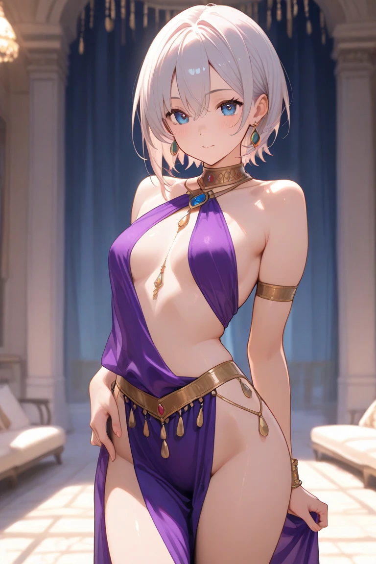 an evil tall slave woman with no hair is forced to dance and on a banquet table, shaved head, blue eyes, pierced ears, nose ring, iron collar, chains, dirty rags for clothes, bare shoulders, exposed midriff, barefoot, barely clothed, kneeling, legs spread, chained to floor, empty eyes, aroused, flushed, sweating, banquet hall, feast, medieval