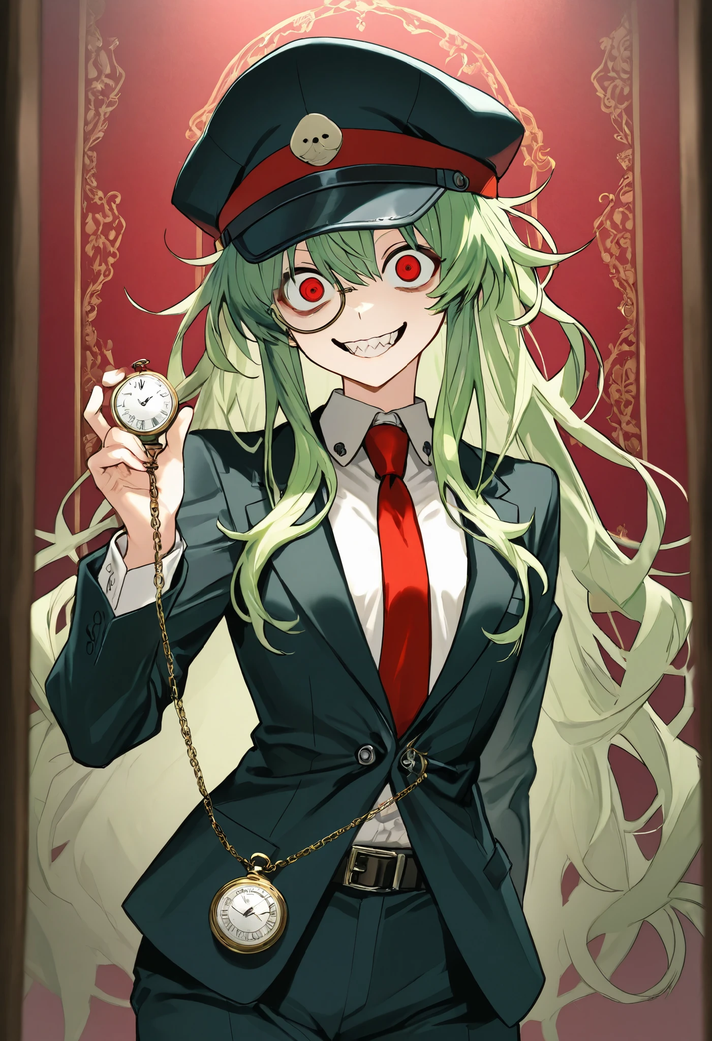 (((masterpiece、Highest Image Quality、best quality、VERY DETAILED UNITY 8kwallpaper、high resolution illustration)))、((Illustration of a person、crossdressing))、Cowboy Shots、black silk hatをかぶったスーツ姿の美少女、emerald green hair、messy hair、sidelocks、red eyes、crazy eyes、crazy smile、(monocle)、 pocket watch、(((black silk hat:1.3、black suit、white shirt、belt)))、 hotel guest room