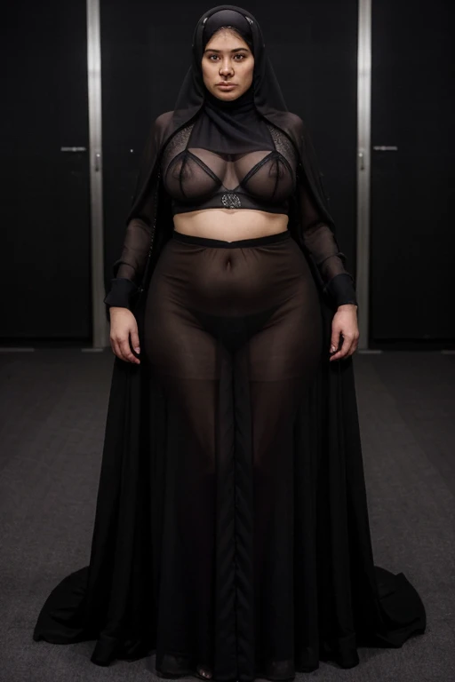 Ultra HD, masterpiece, 3d, sexy muslim girl, symmetrical face, sexy eyes, large boobies, sexy ass, clevage show, walking on the ramp, background modelling ramp, black sexy Thai showing burkha, black high heels, printed dress