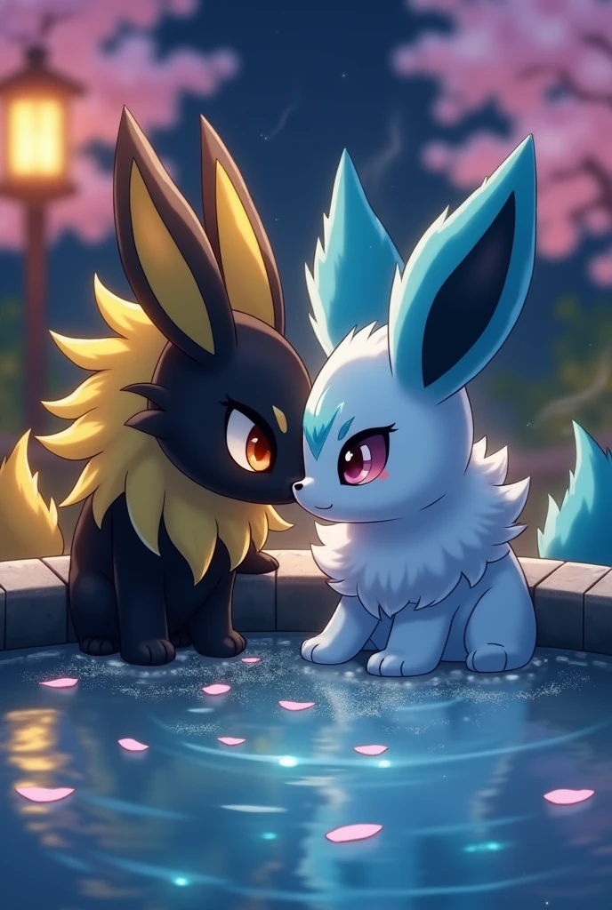 male/female duo, score_9,score_8_up,score_7_up, feral female sylveon, feral male umbreon, kissing, outdoors.