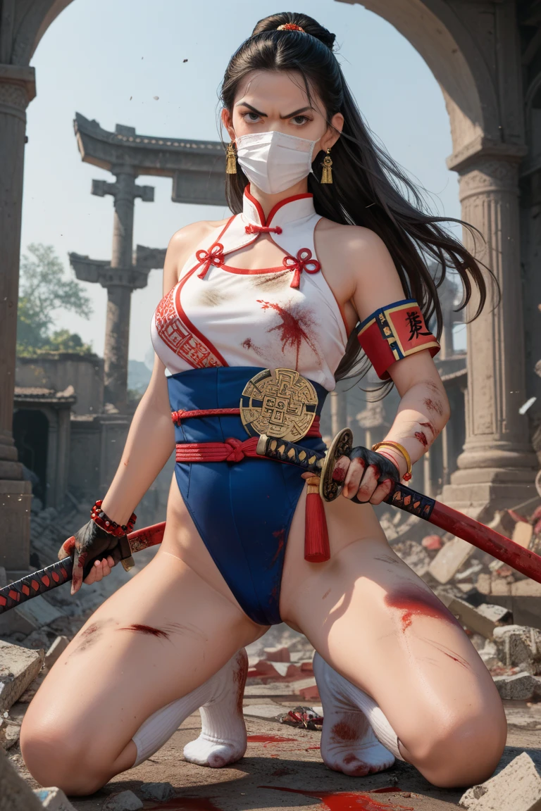 RAW, masterpiece, super fine photo, best quality, super high resolution, realistic, moonlight, night, a beauty, short hair, delicate facial features, perfect face, big breasts, yellow rune paper on the face, a lot of Taoist rune paper pasted on the body, Qing Dynasty official uniform, white bandages with blood stains wrapped around the whole body, female zombie, Hong Kong Lin Zhengying zombie movie character, sitting on the ground, pale skin, fair skin, shiny skin, vampire teeth, amazing beauty, dynamic pose, delicate face, abandoned warehouse background, messy, Gorgeous, High Detail Skin, Realistic Skin Detail, Sharp Focus, Volumetric Light, 8k UHD, DSLR, High Quality, Film Grain, Realism