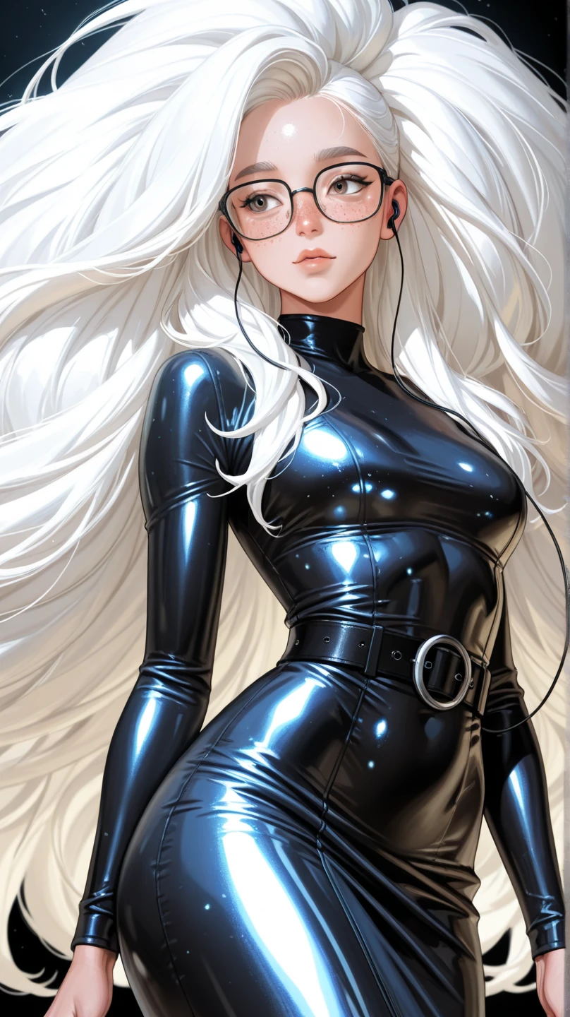 (best quality,8K UHD,high-res),beautiful silver hair,glasses,shiny black latex catsuit,(piel oculta), huge breasts:1.8, voluptuous chest:1.4, hidden skin,black metallic buttocks,abstract background,dramatic lighting
