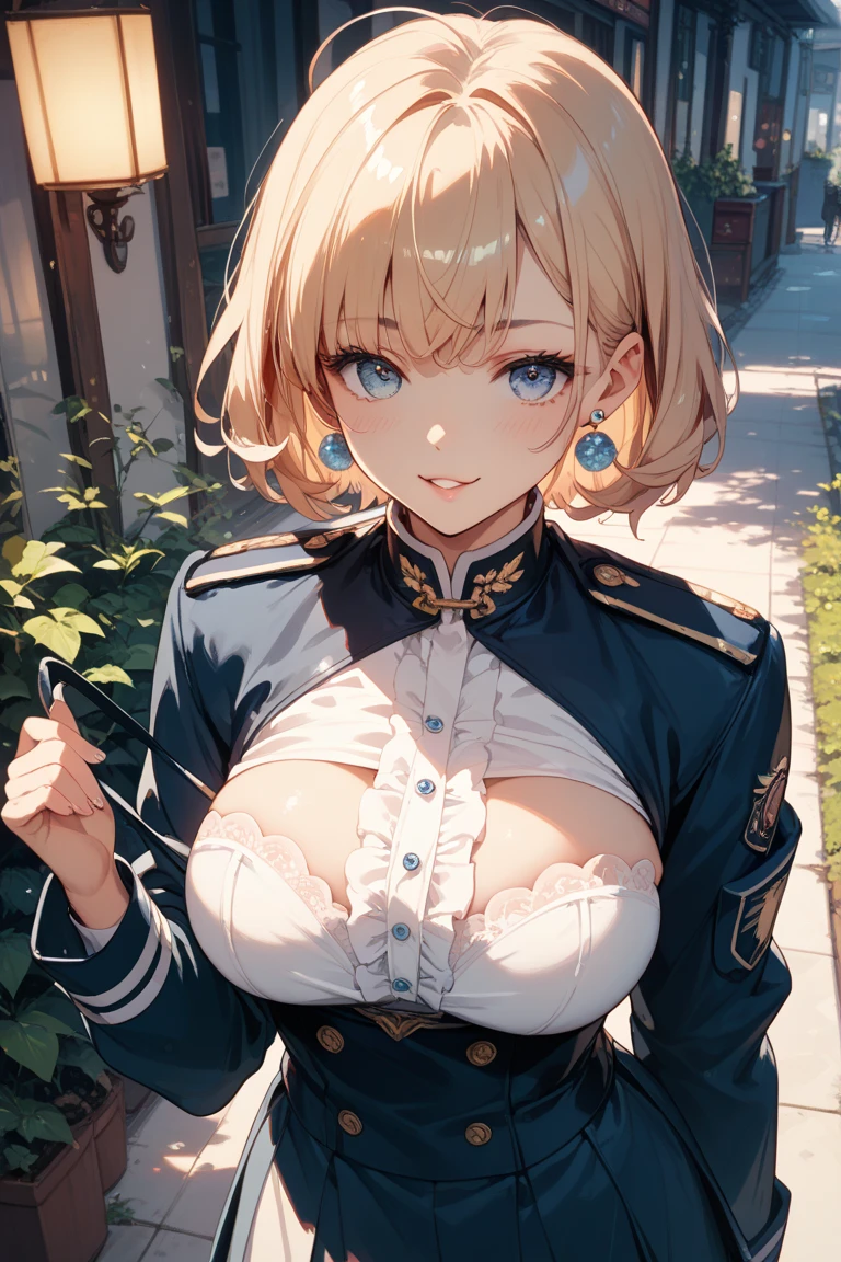 masterpiece, absurdres, 1girl, solo,mature female, (topless:1.2), spaghetti strap top,open shirt,high waist short skirt, looking at viewer, (falling petals), perfect composition, detailed lips, (big breast, huge breast:1.3 ), beautiful face, body propotion, blush, soft gaze, super realistic, detailed, photoshoot, realistic face and body, (nsfw:1.3), wet cum:1.2,( close shot, half body shot),armpit, (plump),violet evergarden, braid, hair ribbon, red ribbon, jewelry, white ascot, brooch, blue jacket, long sleeves, brown gloves, white dress, long dress
