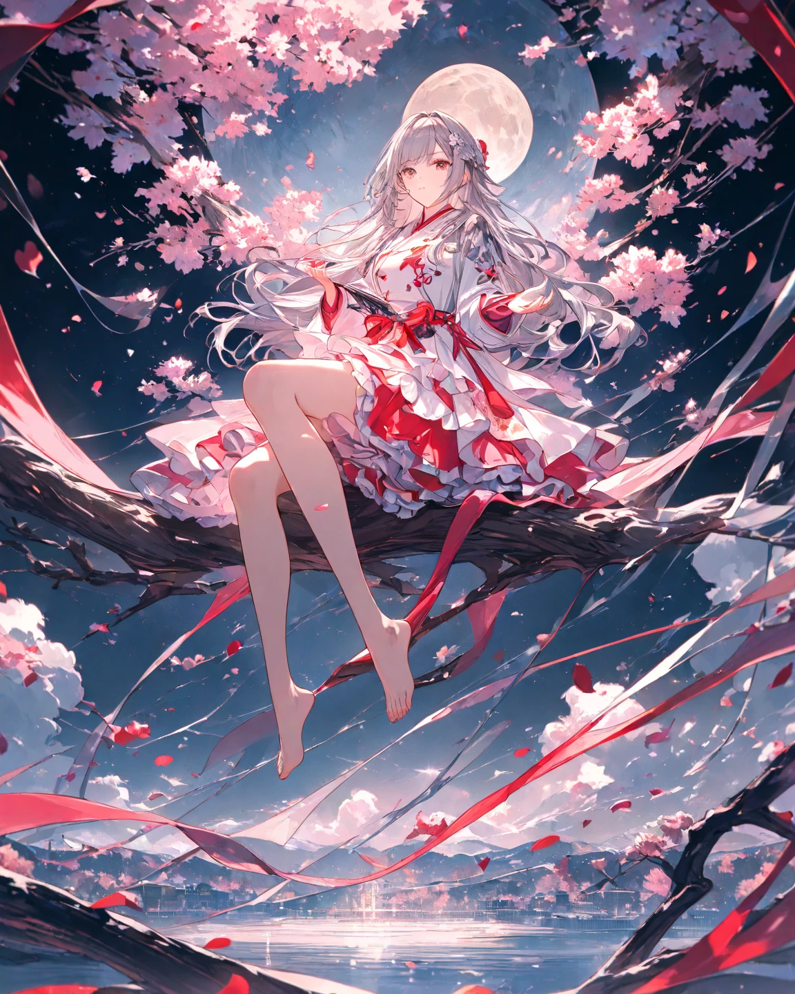Lake, white dress, umbrella, back, long hair, peach blossom tree