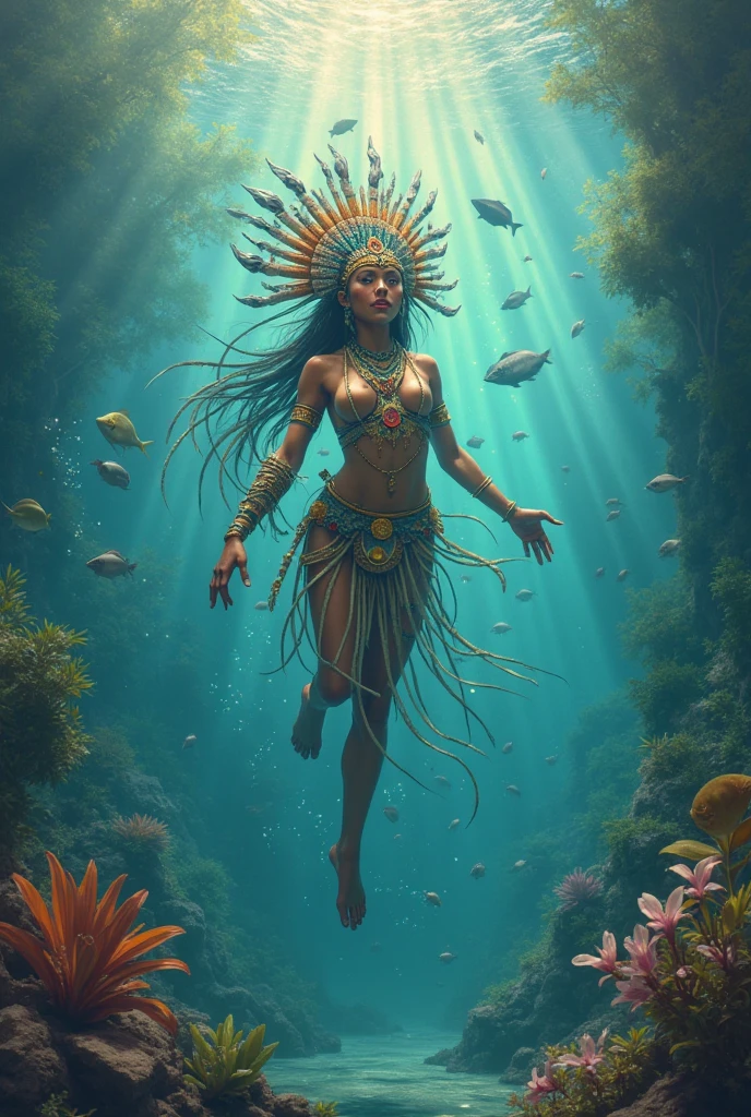 A beautiful African woman dressed in beautiful vibrant african design clothes, playing drums under the ocean surrounded by coral reefs and aquatic animals, moonlight piercing through the ocean with iridescent light, highly detailed images, vibrant beautiful colours, photorealistic image, 8k, ultra HD, unreal engine rendered, cinematic lighting, artgerm style,