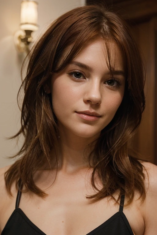 Arafed woman, beautiful black-red haired girl, Alexa Grace, enges Hemd tragen, slight sweet smile, bust image, good young girl, brunette goddess, enges Hemd, dressed in a white shirt, beautiful, young and cute girl, looking straight at camera, 25 yo, front view view photo, use emma watson, ramona flowers facial features as inspiration