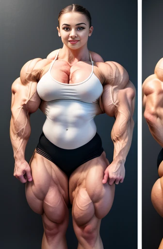(1 girl), (cara delevingne:1.25), ((wide shoulders:1.25)), (a naked Bodybuilder woman with oiled muscular physique:1.25), (ten pack abs:1.5), (full body view:1.25), ((large muscular veiny breasts:1.25)), choker, (sculpted muscles:1.25), detailed eyes, (muscular body:1.25), (looking at viewer), (smile:1.25, (blank dark background:1.5), in the art style of peter mohrbacher