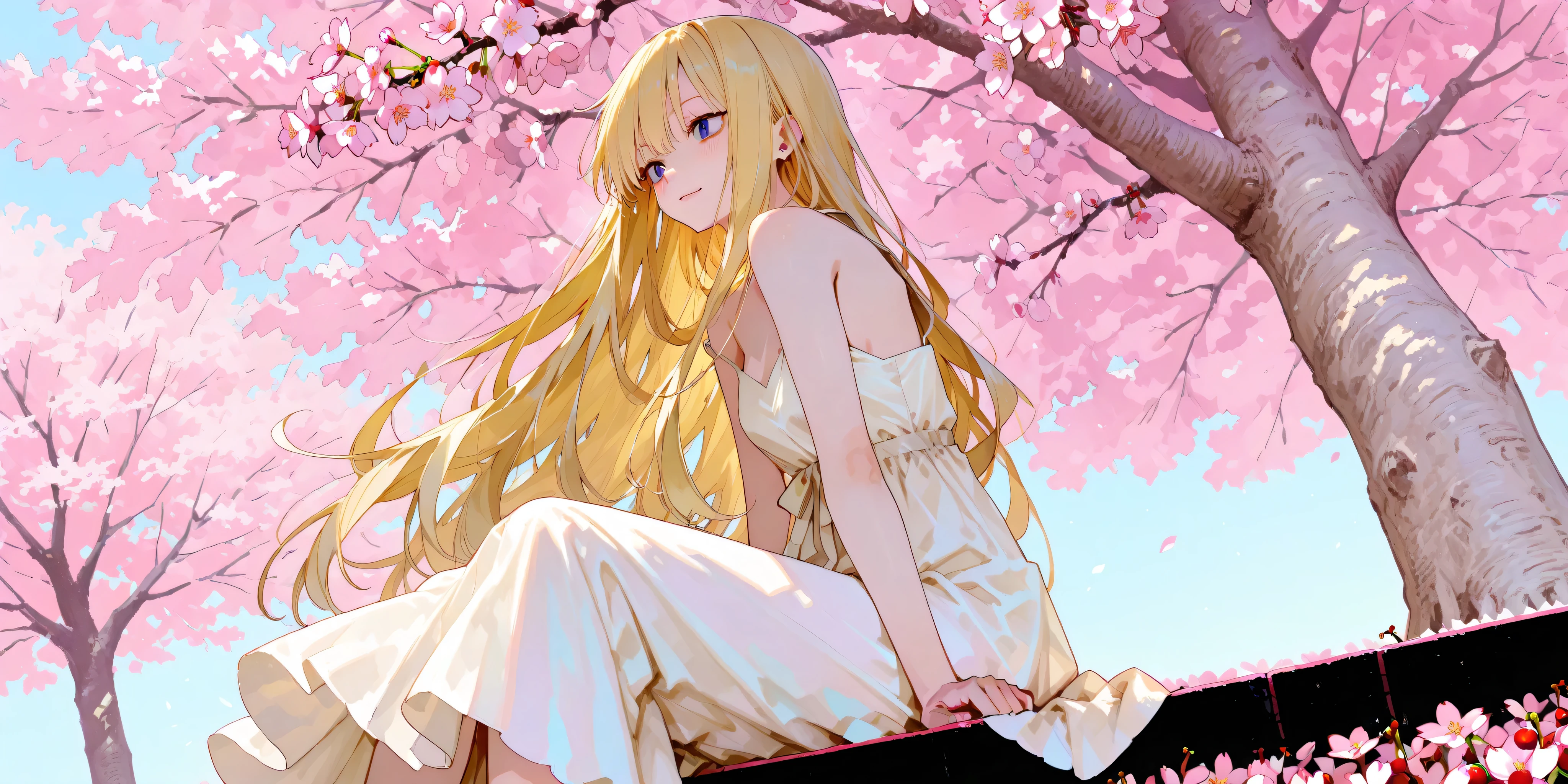 evangeline a.k. McDowell, Light dress with open shoulders, sitting under a cherry tree. The background is a cherry blossom field.