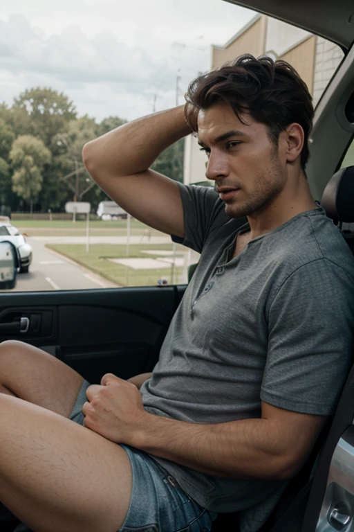 a fictional Henry Cavill looklike,sitting inside a car,very sweaty, showing feet stained with nutella, (fitness trunks) , no explicit content, sfw,serious face