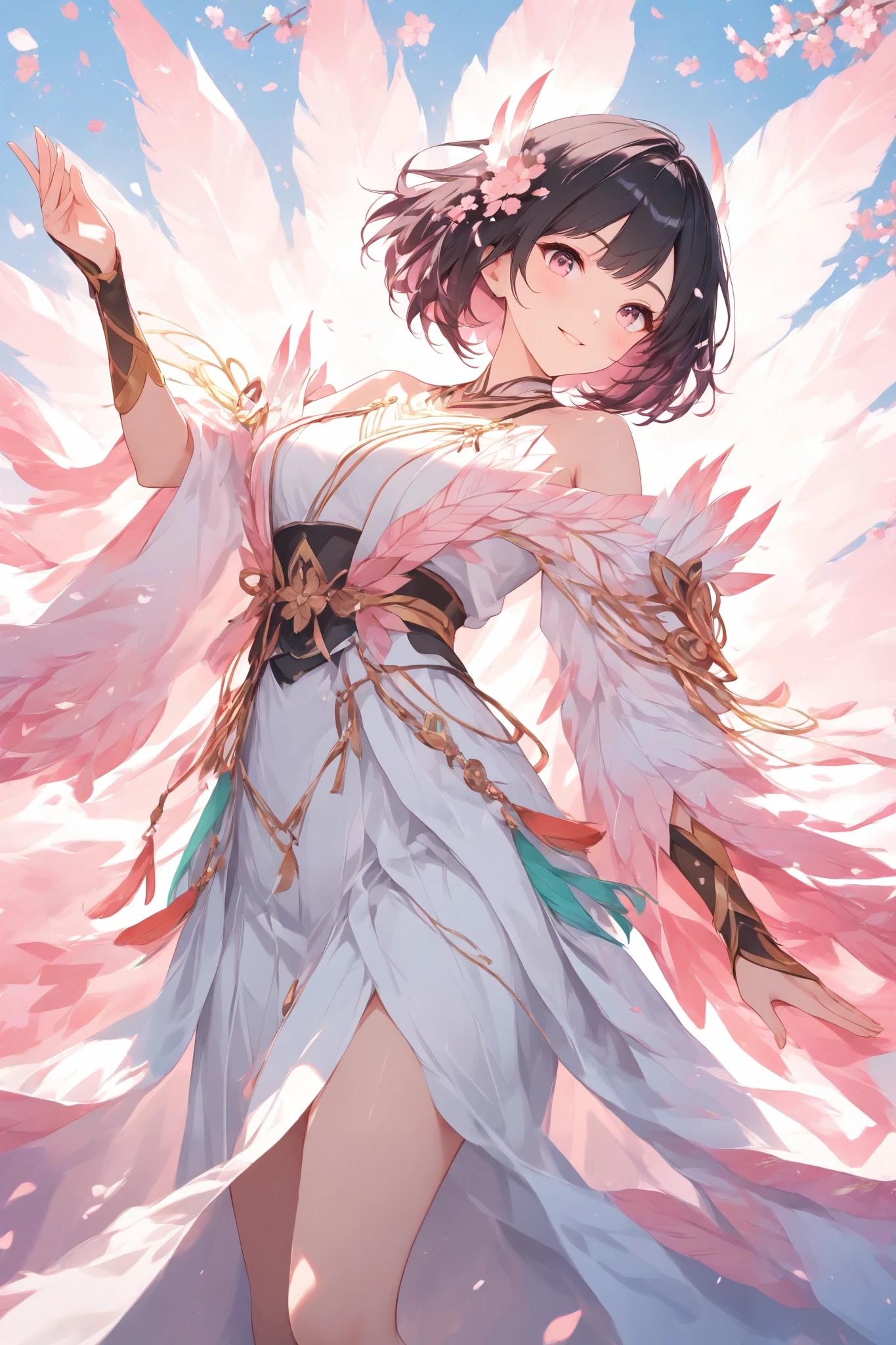 One person, beautiful work, breathtaking gradation, light presentation, angles that peek from below, pink world with cherry blossoms dancing ((A beautiful Japanese celestial maiden wearing a feather robe)), white silky feather robe, pose, smiling woman, black hair, short bob, gradation with cherry blossom patterns