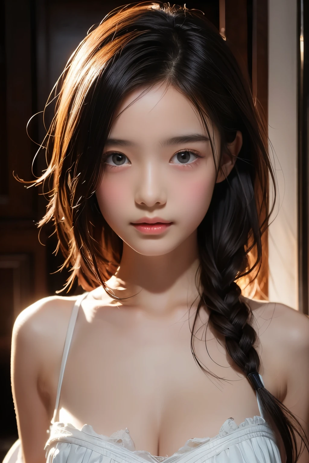 high quality work,Realistic artwork,Ultra Premium Graphics,8K HD CG Works,High quality graphics,High-definition and elaborate CG work,10x pixels,Ultra-fine detail:1.1,Advanced Technical Details:1.1Realistic photo effects,Indoor lighting effects:1.5,Natural soft light:1.5. Light effects(Virtual Lighting Effects:1.8),Ultra-high resolution,Clear Eyes,Double eyelids are beautiful, Pretty face, The face shape is perfectly balanced, ハイパーフォトrealism, Cinema Lighting, projected inset, Surrealism, masterpiece, realism,Great cleavage,