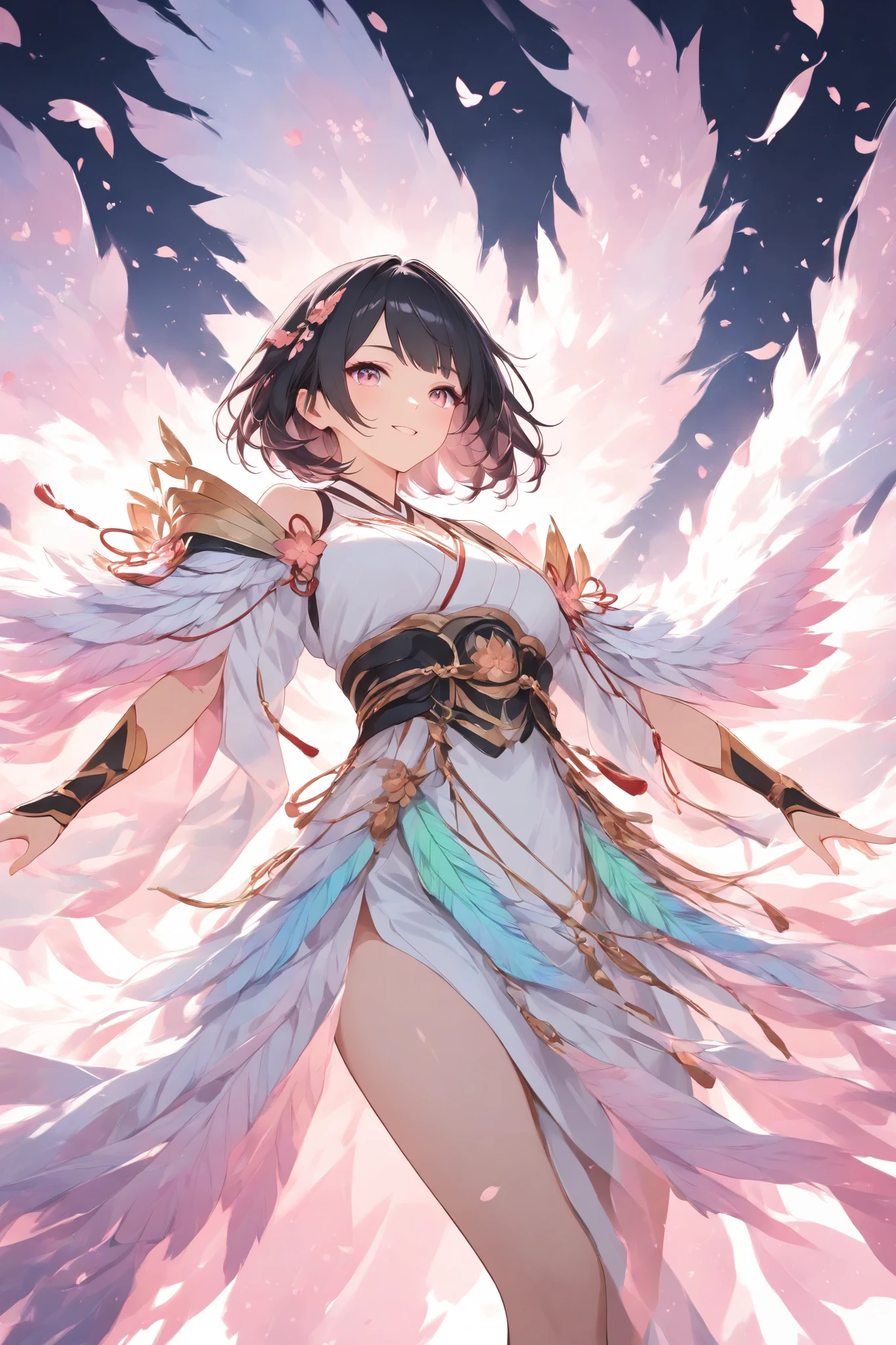 One person, beautiful work, breathtaking gradation, light presentation, angles that peek from below, pink world with cherry blossoms dancing ((A beautiful Japanese celestial maiden wearing a feather robe)), white silky feather robe, pose, smiling woman, black hair, short bob, gradation with cherry blossom patterns