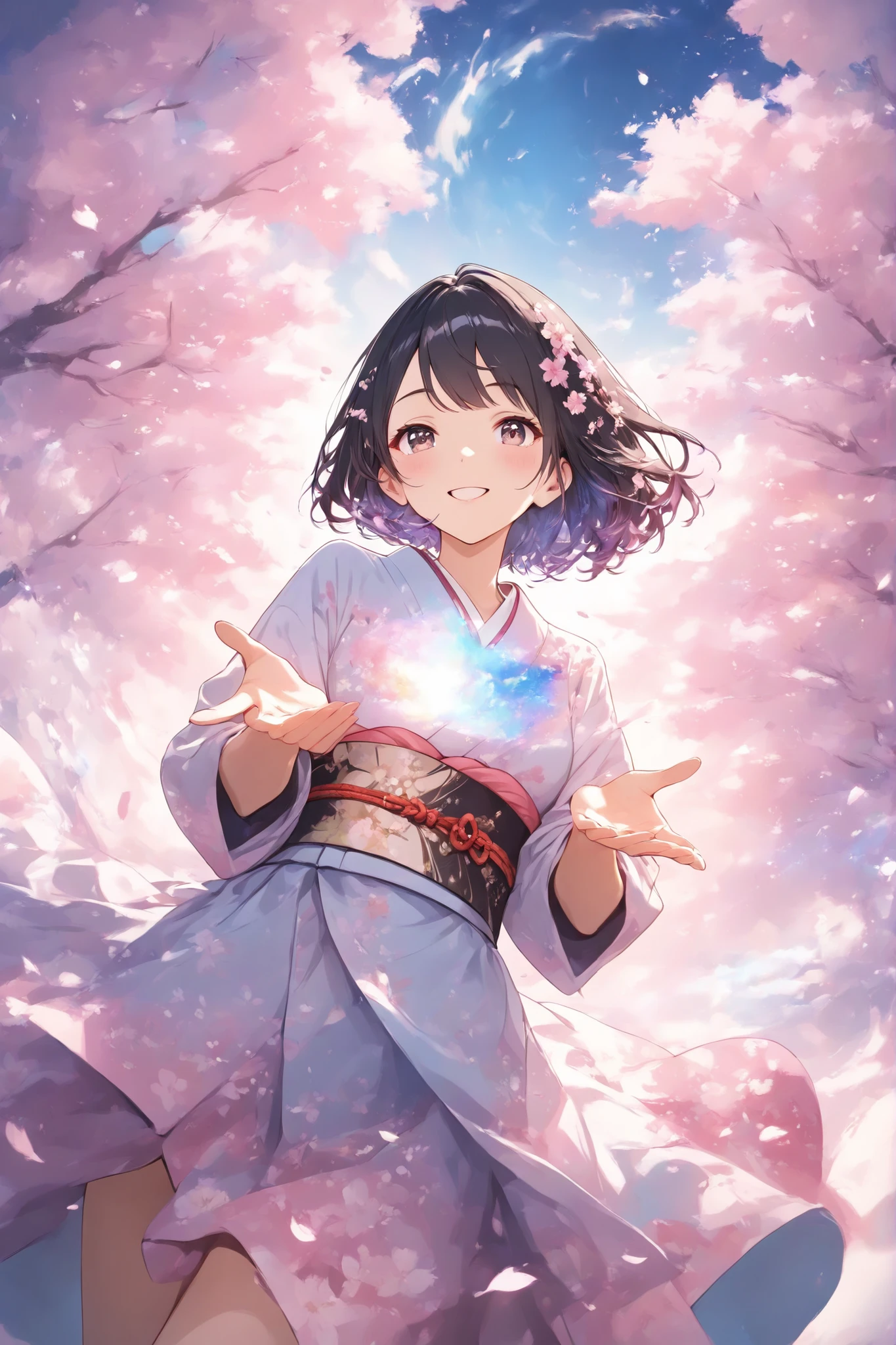 solo,Beautiful work, breathtaking gradation, light presentation, angles that peek from below, a little fisheye, a pink world with cherry blossoms dancing, a woman reaching out with both hands, a smiling woman, wearing a kimono with a gradation of black hair, short bobs and cherry blossom patterns