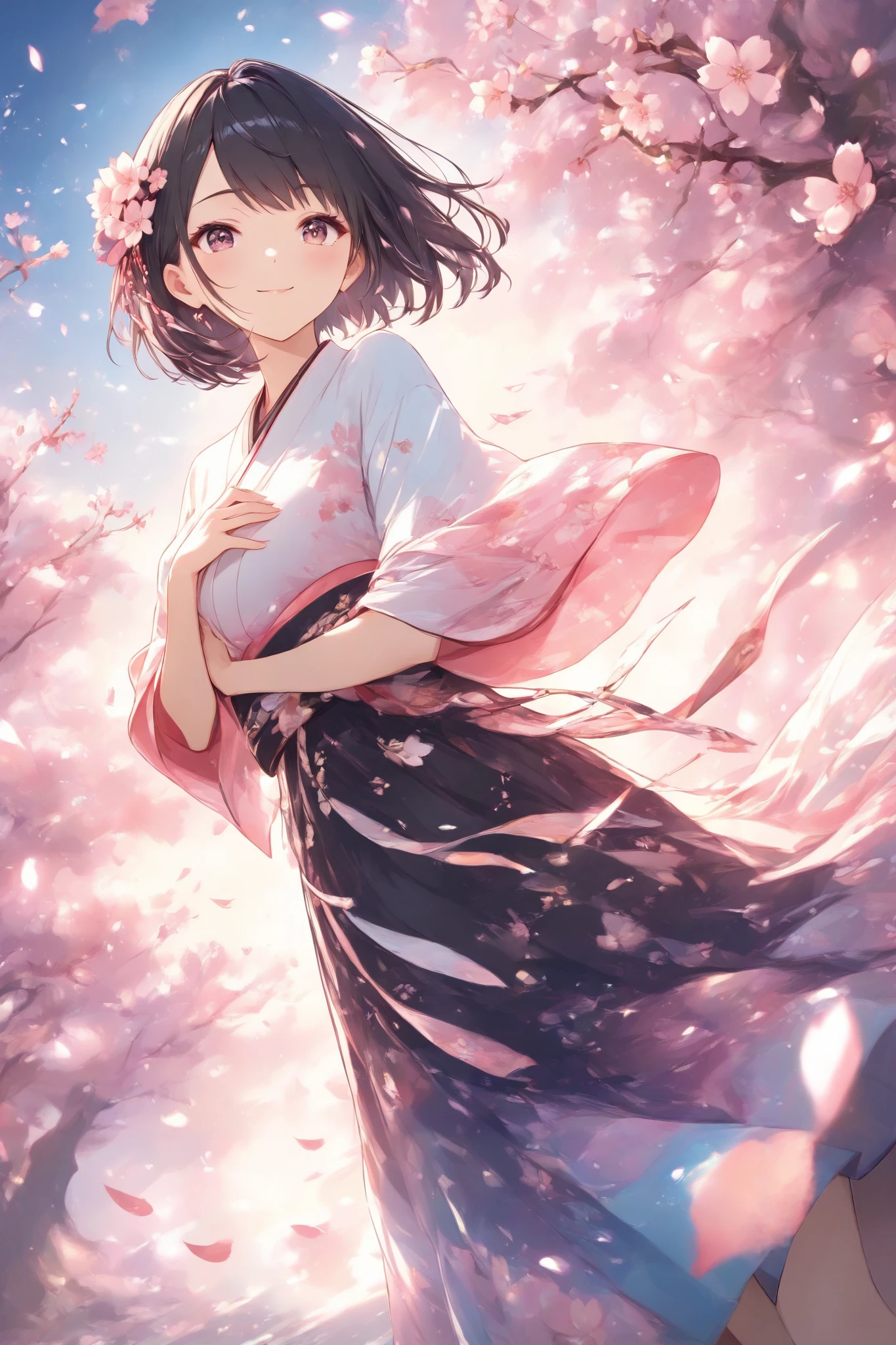 Anime girl in kimono outfit standing under cherry blossom tree - SeaArt AI
