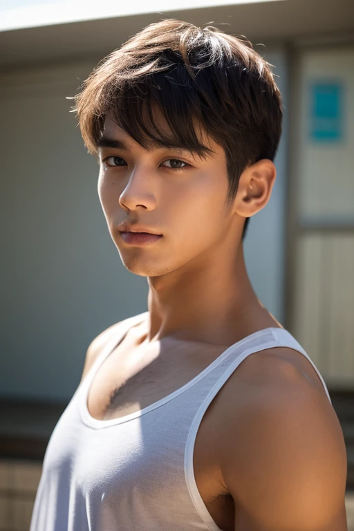 Create an image of a young man in his late teens, standing shirtless. He has a lean, slightly muscular build, with a smooth and fair complexion. His hair is light brown, a bit tousled, giving him a casual and approachable look. His expression is gentle and a bit shy, with warm eyes that reflect vulnerability. The lighting is soft, highlighting the subtle definition of his muscles and his youthful, innocent appearance.