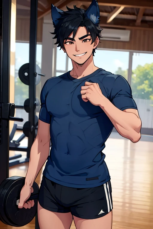 um personagem masculino, sem camisa de cabelo branco, Doing Arm Pose in the Gym, Sweating a lot with a smiling expression and in front of the mirror colorful photo animation