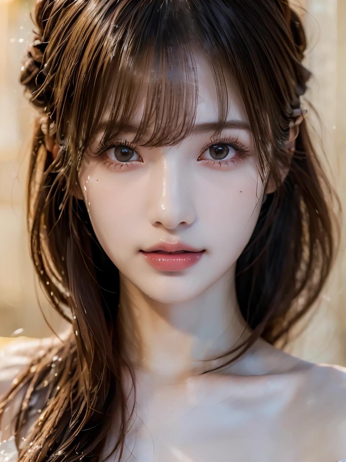 1 Female, Updo, (Ultra Realistic, High resolution), (Highly detailed eyes, Highly detailed hair, Highly detailed face, Very detailed full lips), (off shoulder with open chest), chest, Upper Body, Looking for a Smile, (Highest quality:1.4), RAW Photos, (Realistic, photo-Realistic:1.37), Professional photography, Cinematic Light, (Beautiful Face: 1.2),