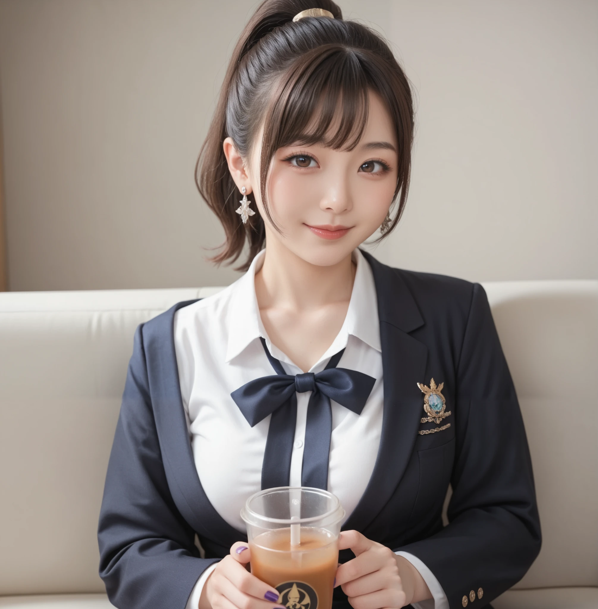 high quality of wavy lines,realistic,Detailed skin texture,Beautiful Japanese 18 year old woman,A pretty expression,seductive smile,virtual YouTuber,4K,fantasy,portrait,details,real,Professional,vivid,Bokeh,studio lighting,extreme detail,photo shoot,high dynamic range that closes one eye short ponytail (brown hair 1:2)brown eyes Big cute eyes Young face high nose small mouth long eyelashes double eyelids model figure black ribbon earrings,necklace Natural Makeup 赤い口紅,Big Breasts 1:2,stares at the audience Full body (loose and oversized black rider suit) white blouse plaid mini skirt colorful nail polish Sit on the sofa and drink tea