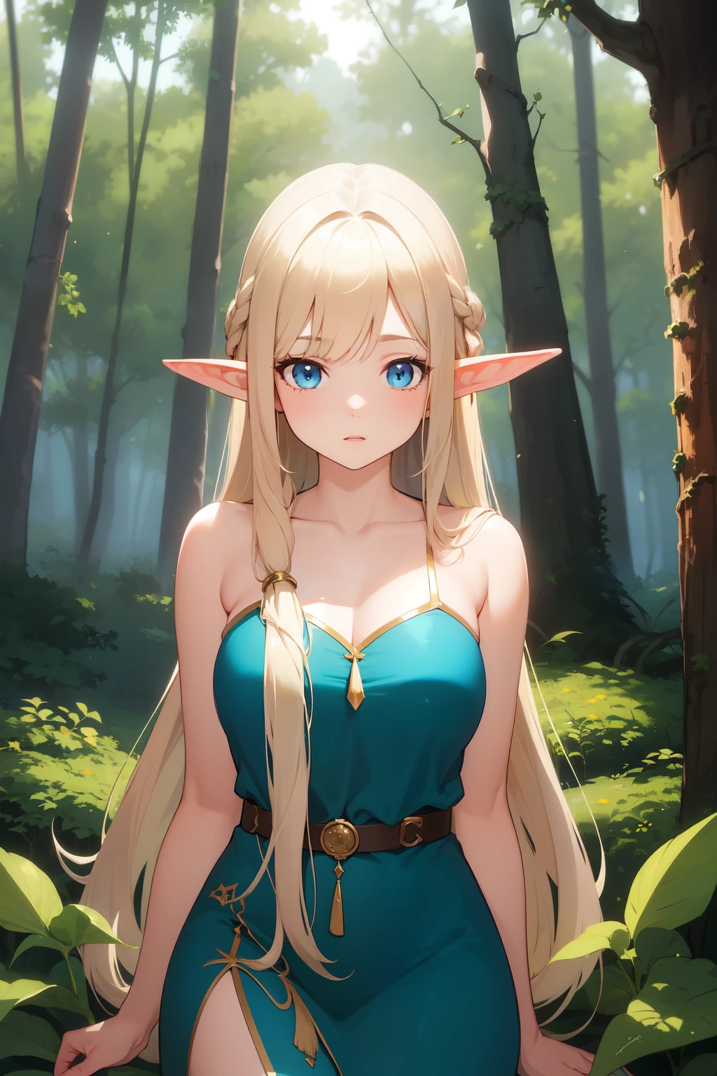 1girl,blonde hair,blue eyes,long hair,large breasts,pointy ears, <lora:SeeThroughBreastCurtainsHaremV1:1>,breast curtains,(see-through),loincloth,harem outfit, shy, forest, <lora:smooth skin_v1.3.2:1>,, (masterpiece:1.2), best quality, high resolution, unity 8k wallpaper, (illustration:0.8), extremely detailed face, perfect lighting, extremely detailed CG, (perfect hands, perfect anatomy), (masterpiece, best_quality, ultra-detailed, immaculate:1.3), epic, illustration, render,