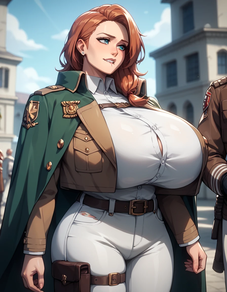Very pretty and beautiful woman gray military soldier with very big and huge breasts wearing black skirt