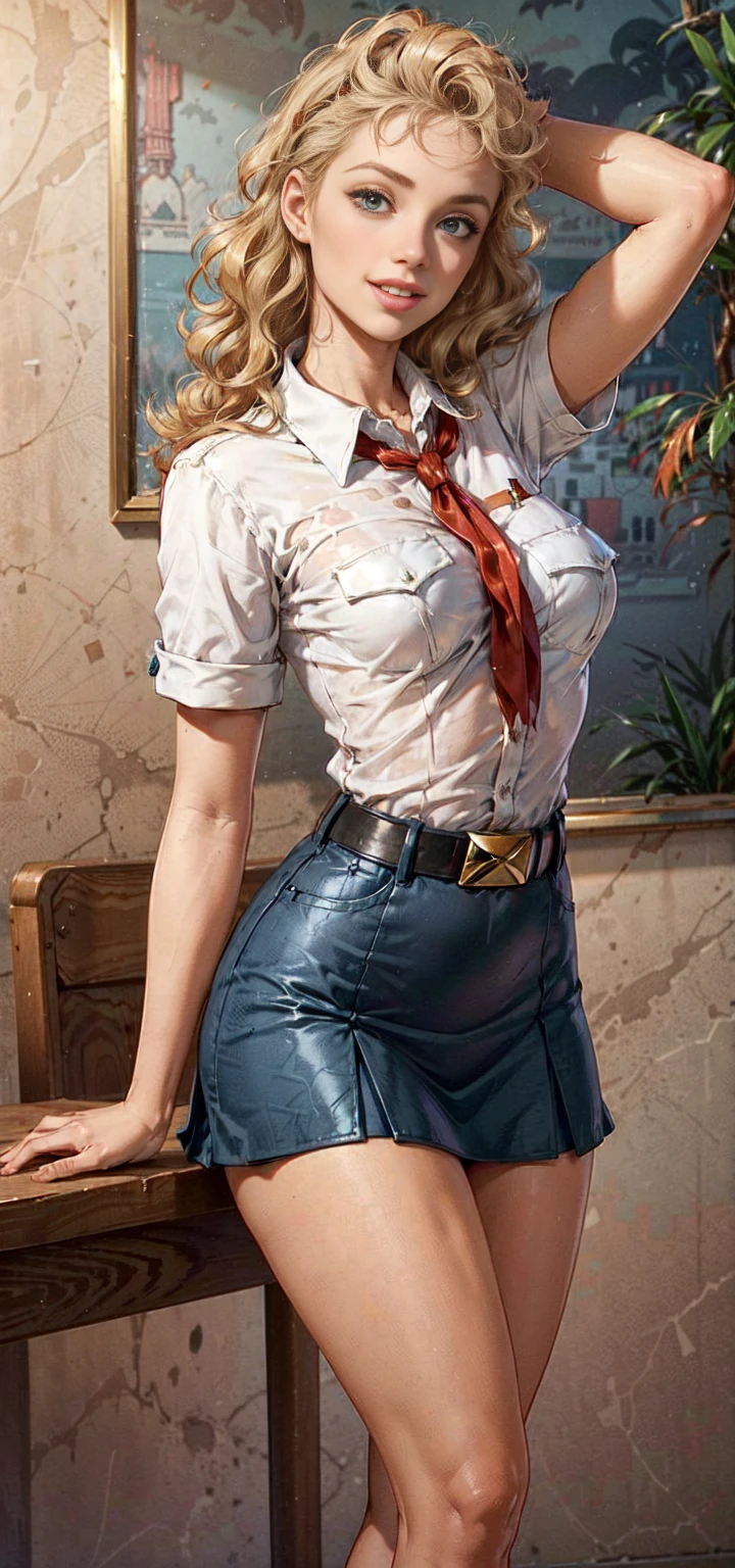 detailed eyes, (full body shot:1.2), 8k, (skinny body:1.2), curvy, (hands behind her back:1.2), seductive pose, looking at viewer, 8k vector photography, young , beautiful eyes, realistic lighting, detailed outfit, realistic facial features, hyper detail, (perfect angle, focus on face hips and breastegane), (very short hair:1.3), short disheveled hair, ahoge, huge chest, pioneer neckerchief, micro blue tight skirt, bangs, shirt, collarbone, very tight white shirt, short sleeves, collared shirt, belt, eyelashes, red neckerchief, breast pocket, face, realistic eyes, better face, summer morning forest, fake boobs, ginagerson