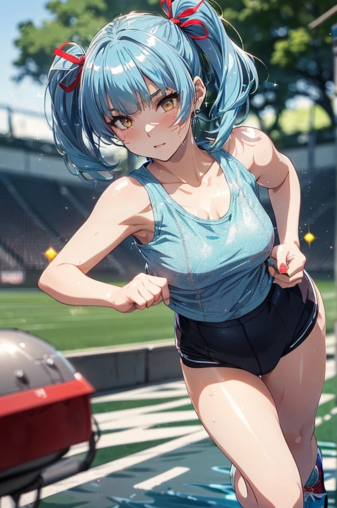 NSFW,masterpiece,Highest quality,High resolution,Super detailed,Star Town Suisei\(Hololive\),Blue Hair,One Side Ponytail,Blue Eyes,Small breasts,Track and field club,Descente Bra Top,Descente One Point Shorts,Streaks,Athletics Stadium,truck,blush,(In heat),Expecting face,(Sweat),Drink