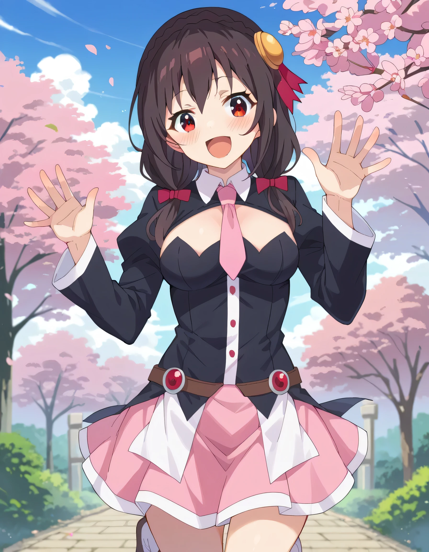 high image quality,high quality of wavy lines、
Yunyun、 (One person)、black hair, hair accessories, red eyes, long sleeve, tie, Outfit Cutout, Cleavage Cut Out, pink tie、pink skirt with white boots、See viewer、(blush:1.2),Waving gesture、blue sky、cherry blossoms、smile、(opens her mouth and laughs)、and look diagonally from the side