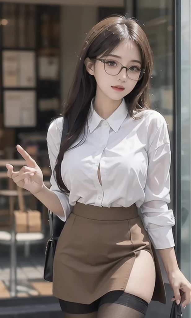 ulzzang-6500-v1.1, (raw photo:1.2), (photorealistic:1.4), beautiful detailed girl, very detailed eyes and face, beautiful detailed eyes, huge file size, super detailed, high resolution, very detailed, best quality, masterpiece, short student outfit, (no leakage), (character face face shot), illustration, very detailed, CG, unified, 8k wallpaper, amazing, fine details, masterpiece, Best Quality, Wallpaper, Light on Face, Movie Lighting, 1girl, 16 years old, long white hair, side split, B cups, mature figure, perfect figure, (with glasses), ((dynamic pose))), (camel toe), (medium view), ((student skirt))