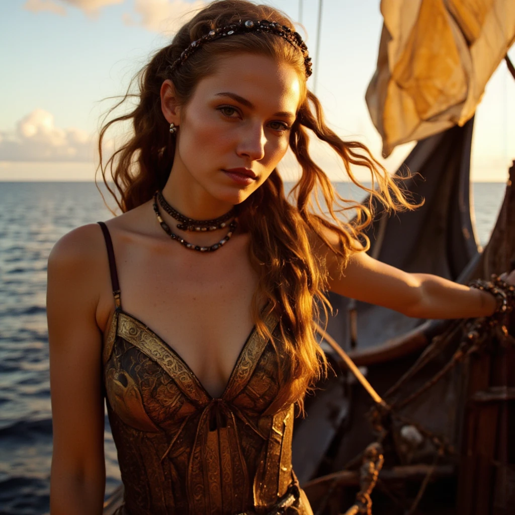 , (Ultra quality:1.2), (Ultra detailed:1.2), (Ultra detailed clothes:1.2), (Ultra detailed face:1.2), (Ultra detailed eyes:1.2), (Ultra detailed body:1.2), (Ultra detailed weapons:1.2), (((young pirate girls, standing on the deck, torn clothes, using headband, accesories made with bird's feather,))) different hair colors, pistol fights, battlefield in the background, fire in the background, night, epic light, dramatic sky realistic, , hyperrealism, lifelike photography, long brunette hair, smiling,bright light on face ,frontlighting, gown,golden necklaces,golden brochures, beautiful dark blue eyes ,professional makeup, pink lipstick,, Realistic, Hyperrealism, 
 , beautiful mesmerizing faces ,  nebulas and stars at the horizon, dark blue beautiful symmetric eyes ,perfect eyes,extremely detailed face, lifelike photography, ultra high detailed,naughty smile ,high  quality ,alluring beauty full body shot, gorgeous Russian girl, awesome action photos, realistic, hyperrealism, fantasy , beautiful fit body, beautiful legs,reasonable nudity,  reasonable naked body parts, golden ratio,   , (((((Full Body Shot, back shot, front shot, side shot, queen of the pirates, heavily armed, she is wild but beautiful, bandana on head, pistol and swords))))) beautiful white teeth, 
