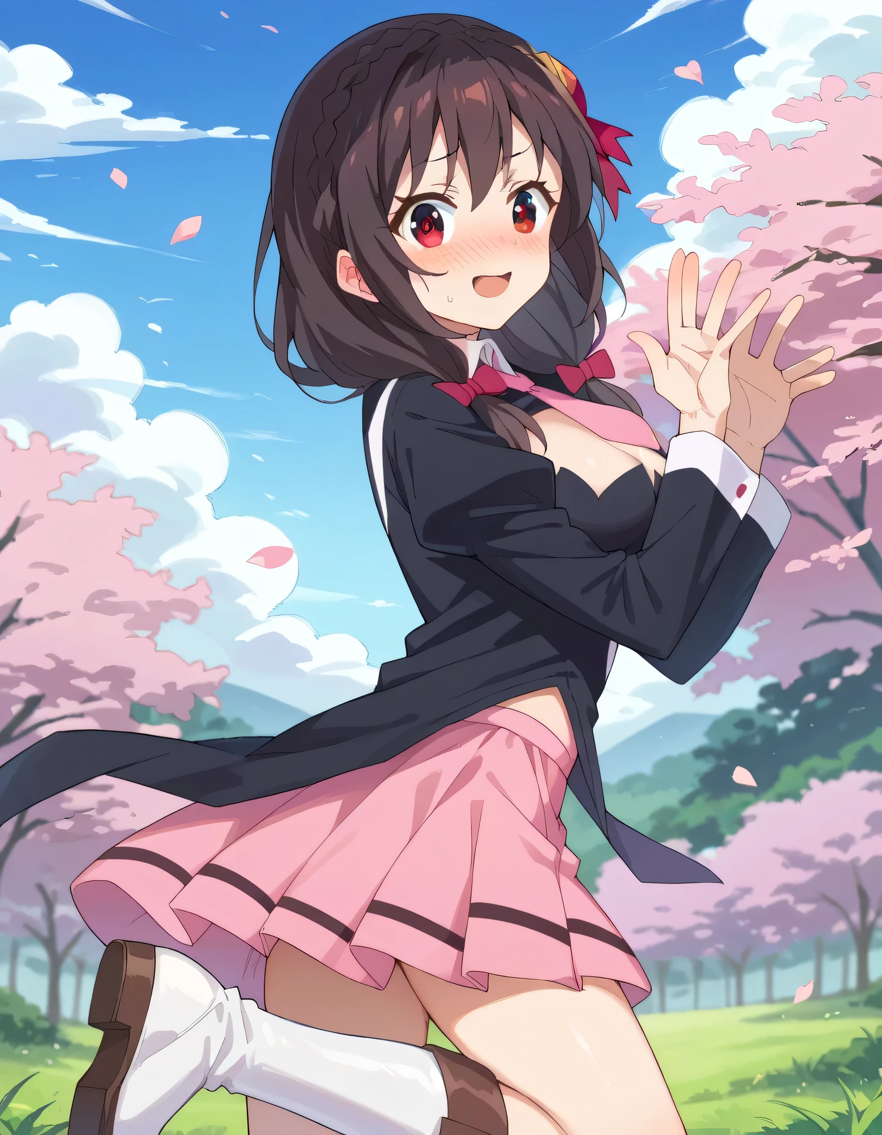 high image quality,high quality of wavy lines、
Yunyun、 (One person)、black hair, hair accessories, red eyes, long sleeve, tie, Outfit Cutout, Cleavage Cut Out, pink tie、pink skirt with white boots、See viewer、(blush:1.2),Waving gesture、blue sky、cherry blossoms、embarrassed smile、opens her mouth and laughs、Looking Back