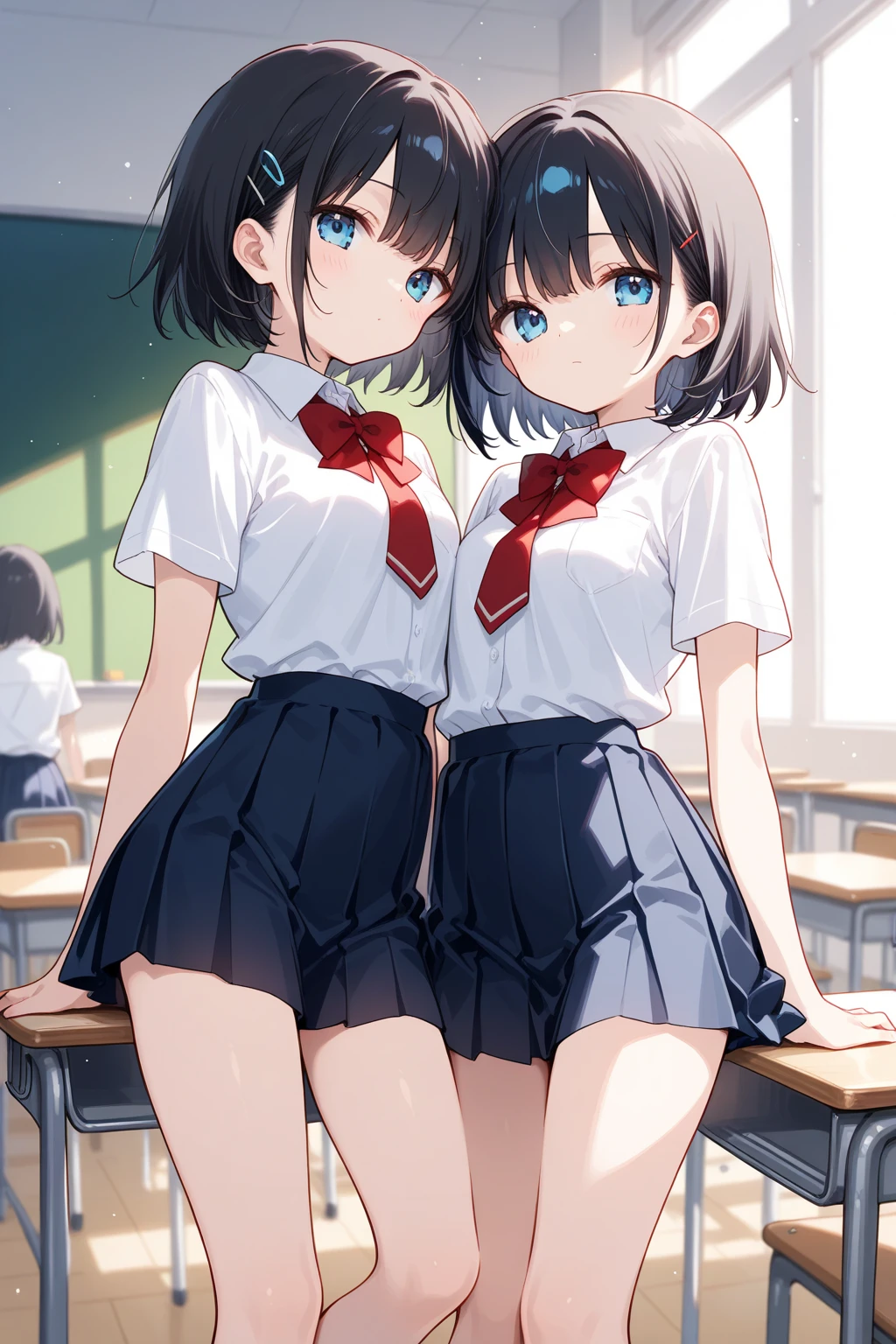 front view ,standing,Beautiful girl at ,Japanese,,,Small and slim,Flat Chest,Small breasts,Baby Face,Small face,Black Hair,Twin tails,Grey Eyes,middle School girls,uniform,skirt lift,Sexy Lingerie,A mischievous smile,Dark Room,Mood lighting