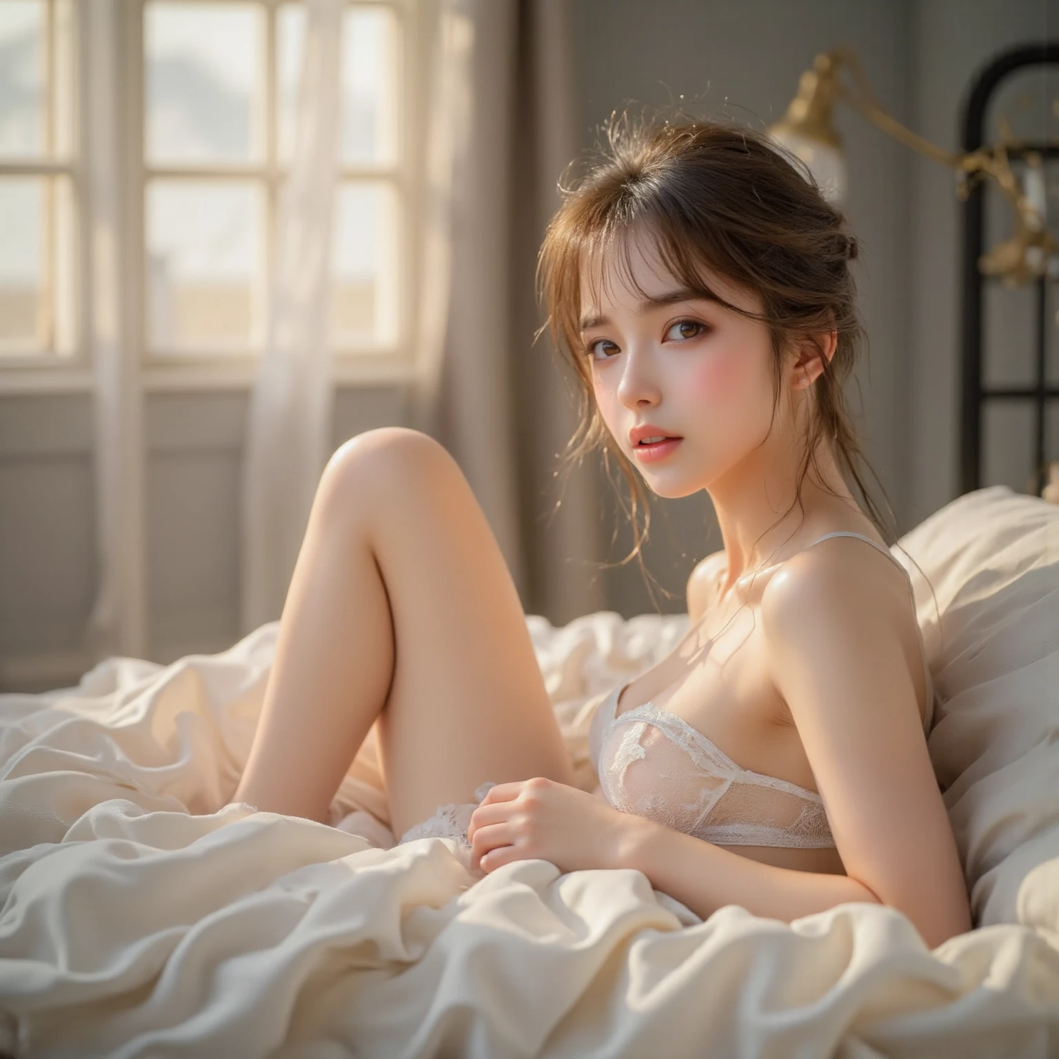Picture of a French woman. Fit face. 22 years old, Sharp chin, photography, raw photo, masterpiece, extremely detailed photo, DSLR, photorealistic 1.4, ultra hi res, best quality, full body picture, lingerie, (masturbating)