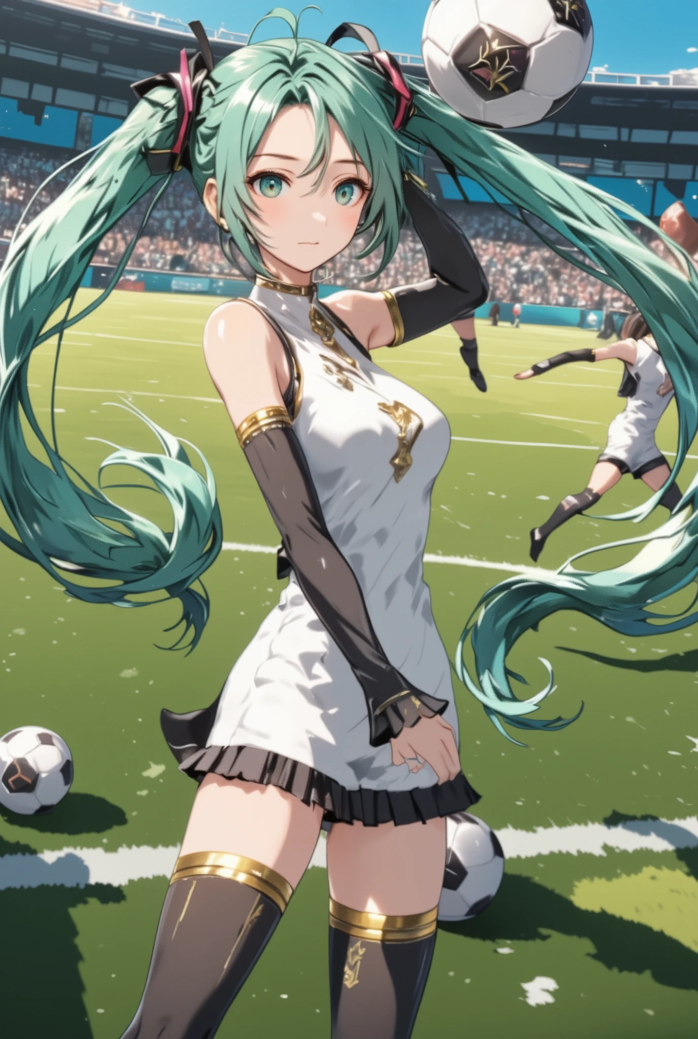 ( masterpiece、 best quality、 best quality、official art、 beautiful and beautiful :1.2)、(one girl:1.3) ,、Light green twin-tail, beautiful breasts, ((masterpiece, best quality, high resolution)), ((very detailed CG integrated 8K wallpaper)), (huge and amazing shot of a goddess, very hot and sexy, breathtakingly beautiful, Completely-Blowed, beautiful body, slender beautiful body:1.1), soccer players in action on a soccer field during a game, soccer, SPORTS PHOTOGRAPHY, playing soccer, soccer player, Sports game , SPORTS PHOTOGRAPHY, shutterstock, football, The highest in history, Attacking, Cover photo, ABOUTING THE BIG GAME , football player, professional sports style, TRENDING DRIBBLING, Best in Adobe Stock, by Wayne England, Action Shots, dynamic Action Shots,