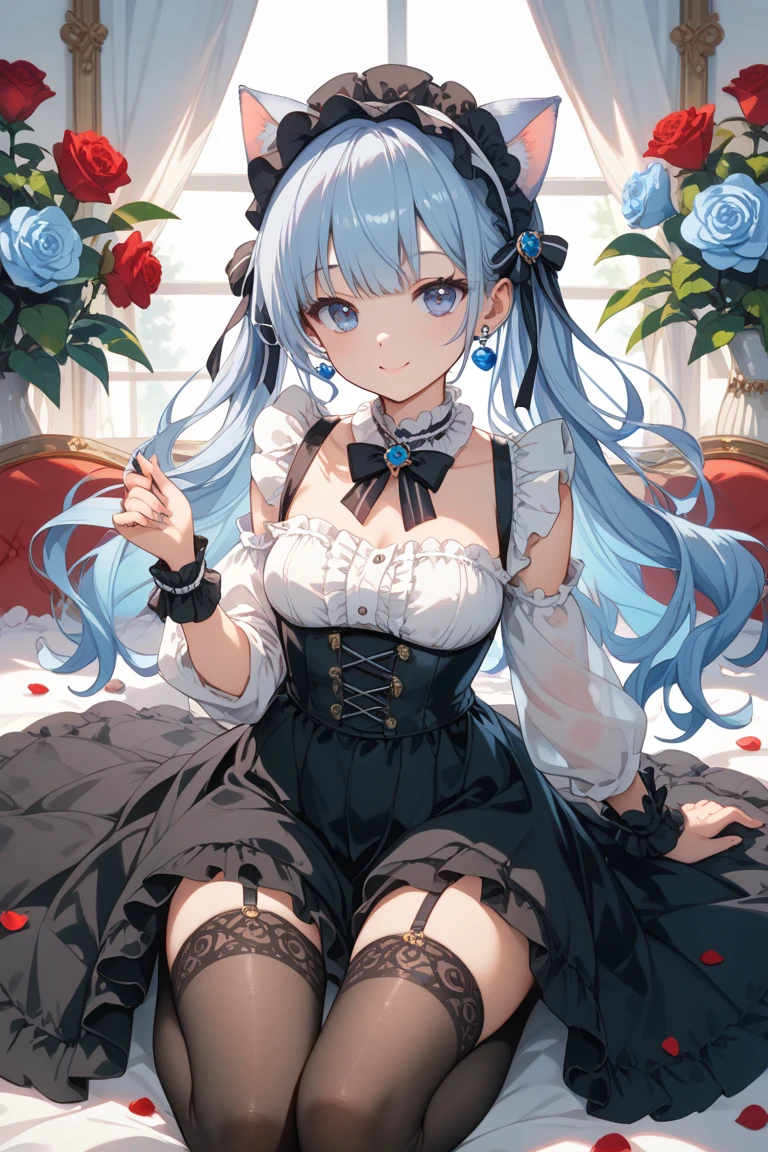 Silver Hair、Blue Eyes、girl、Small breasts、Twin tails、girl、Small breasts、Lolita、Bright smile、Looks about 15 years old、Petan Musume、He is short、目のhighlight、Sexy thighs、Rose Garden、Colorful roses in abundance、Mine-based costumes、Your eyes are so beautiful、highlight