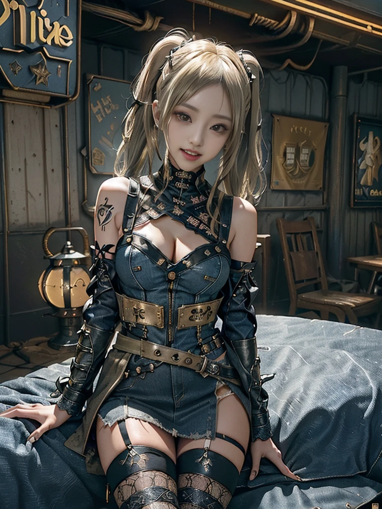 (Full Body View:1.2)、(Full body:1.3)、(Smiling with teeth showing:1.3),(Shibuya Gal:1.5)、(Beautiful:1.4)、(gothic fashion:1.5)、(Punk RockVisual Kei:1.3)、(Futuristic baby doll in black, white and denim:1.5)、(A delicate beige and navy jacket:1.5)、(Denim garter belt:1.5)、(Denim and black and white bodysuit:1.4)、(Heart-shaped silver accessories:1.5)、(Brown Skin Belt:1.4)、(Blue High Heels:1.4)、(Lace patterned underwear:1.4)、28 years old、NSFW,((Highest quality、In 8K、masterpiece:1.3))、Sharp focus:1.2、(Layered Cut、Beautiful boobs:1.1),Beautiful woman with perfect figure:1.4、(Doing an aerobics pose:1.3)、Slender Abs:1.2、Butt、Highly detailed face and skin texture、Detailed eyes、double eyelid,(Twin tails:1.3)、(Light gold colored hair:1.3)、Obscene、Gravure idol、(Luxurious amusement park at night:1.3)、(Make your legs thinner:1.4)、(Thin thighs:1.4)、(Slim body:1.3)、(clavicle:1.1)
