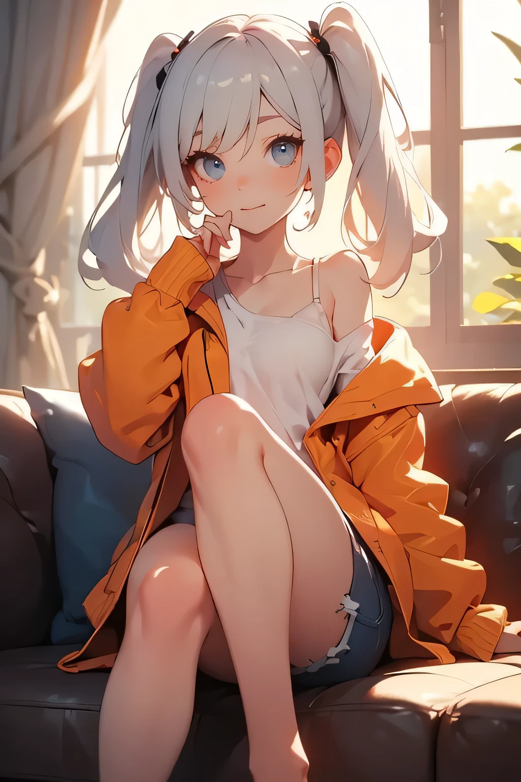 A breathtakingly cute anime girl with long silver twin tails, wearing an oversized orange hoodie and denim shorts, sitting in a cozy café. She is barefoot, sitting in a relaxed duck-style pose with the soles of her feet visible. She turns slightly toward the viewer with a teasing, closed-mouth smile, as if she knows a secret. Her big, expressive eyes glimmer under soft morning sunlight. Her hoodie slightly slips off one shoulder. Her long twin tails gently curl around her, and her posture radiates casual charm. Ultra-detailed, soft lighting, warm atmosphere, high quality.