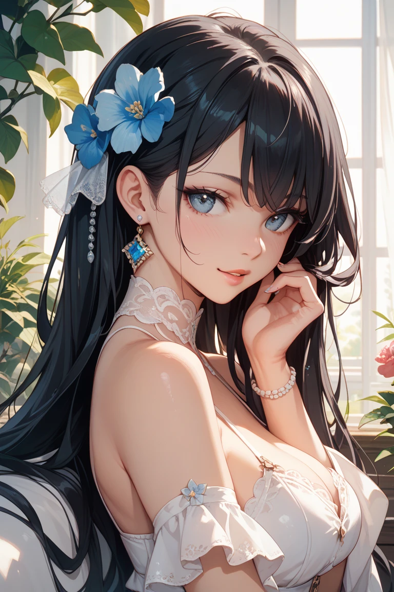 ((Black hair))), long hair, (((blue eyes))),(((forehead))) sexy, large breasts, beautiful body, masterpiece, smile, (((red rose print lingerie))),sexy lingerie, hotel swimming pool,busty, buxom, curvy, voluptuous,Sexual Intercourse,
