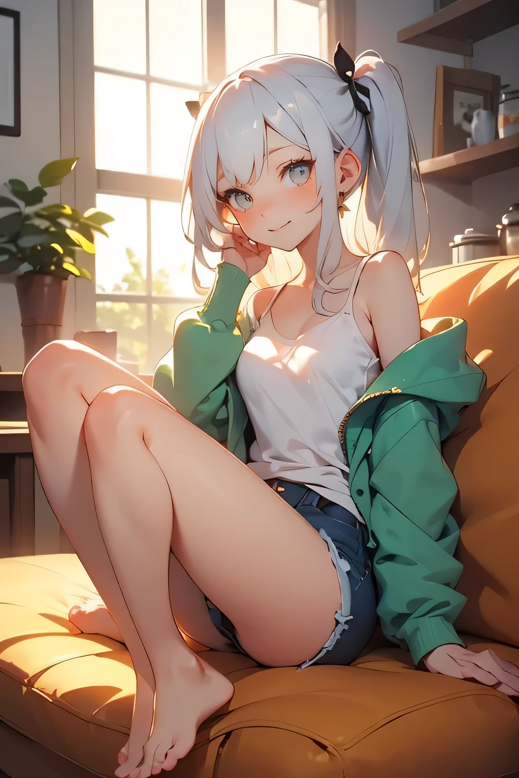 A breathtakingly cute anime girl with long silver twin tails, wearing an oversized orange hoodie and denim shorts, sitting in a cozy café. She is barefoot, sitting in a relaxed duck-style pose with the soles of her feet visible. She turns slightly toward the viewer with a teasing, closed-mouth smile, as if she knows a secret. Her big, expressive eyes glimmer under soft morning sunlight. Her hoodie slightly slips off one shoulder. Her long twin tails gently curl around her, and her posture radiates casual charm. Ultra-detailed, soft lighting, warm atmosphere, high quality.