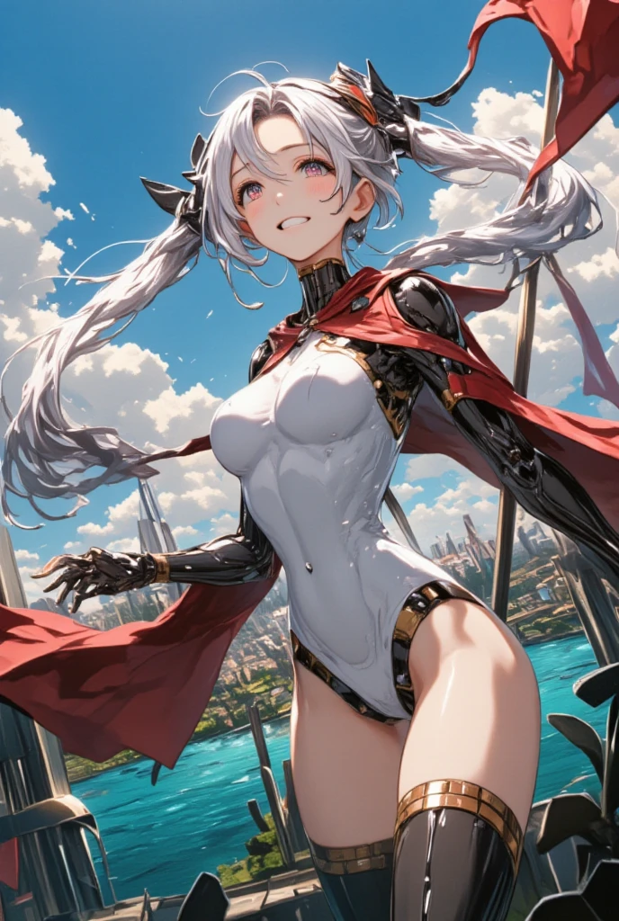 underwater, holding her knees, one girl close-up, elf, silver hair, red eyes, wave long, concept art, official art, beautiful anime scene, top rated on pixiv