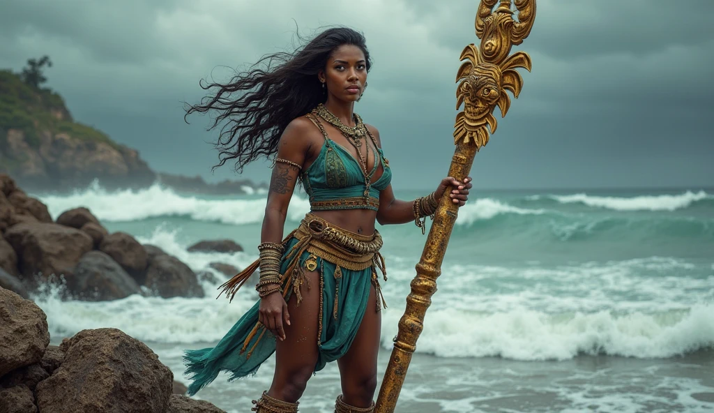 A striking African enchantress draped in flowing black robes, her eyes ablaze with otherworldly power as she commands the elements in a swirling vortex of wind and lightning atop a windswept cliff overlooking a stormy sea, the turbulent waters crashing against jagged rocks below, imbuing the scene with a palpable sense of raw magic and danger