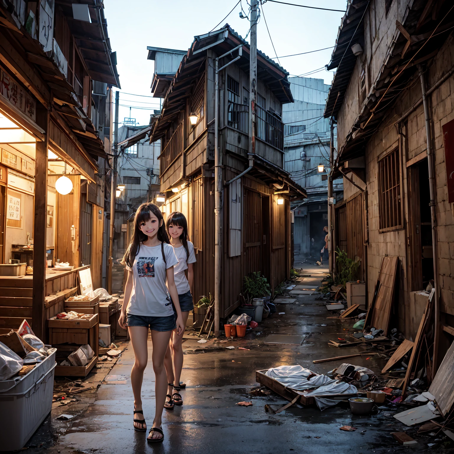 ((masterpiece、Highest quality))、Beautiful girls gather.、Three girls in summer clothes、clothes、(Showa Retro:1.2)、(Detailed and cute face:1.3)、(Poor conditions、Japan's poor neighborhoods、Dim and unsanitary、Standing Bar、みんなで楽しくdiet、Crumbling shopping mall)、屋台のdiet店、stage、sewage、Dirty shop、street vendors、Unsanitary and abandoned city、smile、diet、Poor person々