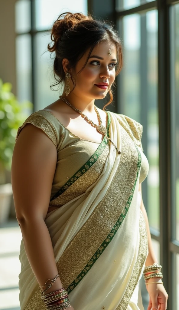 Garden scene, A radiant, full-figured South Indian 35 year old aunty a gray colour chiffon mini skirt and black chiffon shirt, standing, in a garden, captured in a full-body image with vibrant hues and meticulous details. Full body image