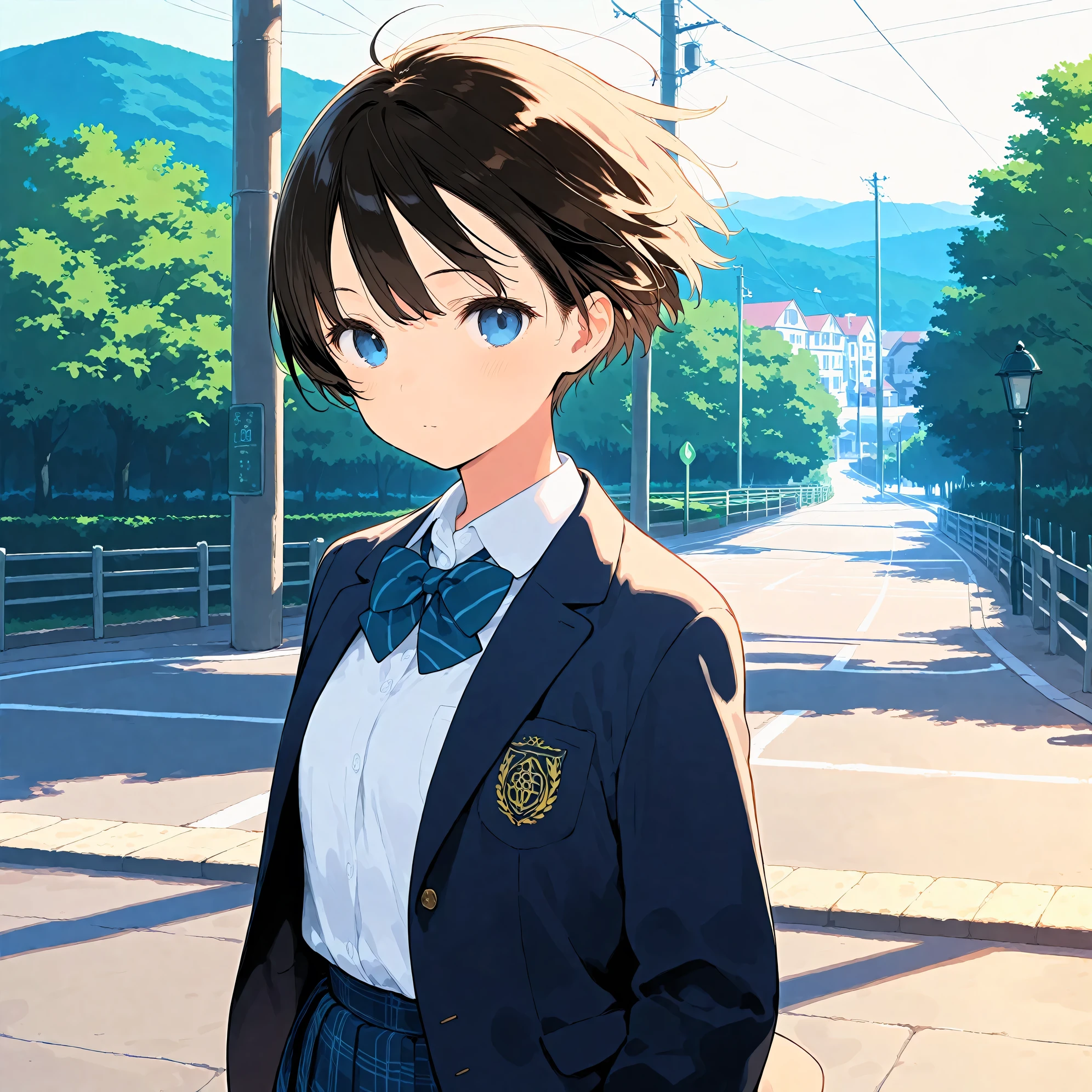(masterpiece), (best quality), (ultra-detailed), artist:fujiyama, 1girl, very short hair, route of a school, wind, very aesthetic,cinematic lighting